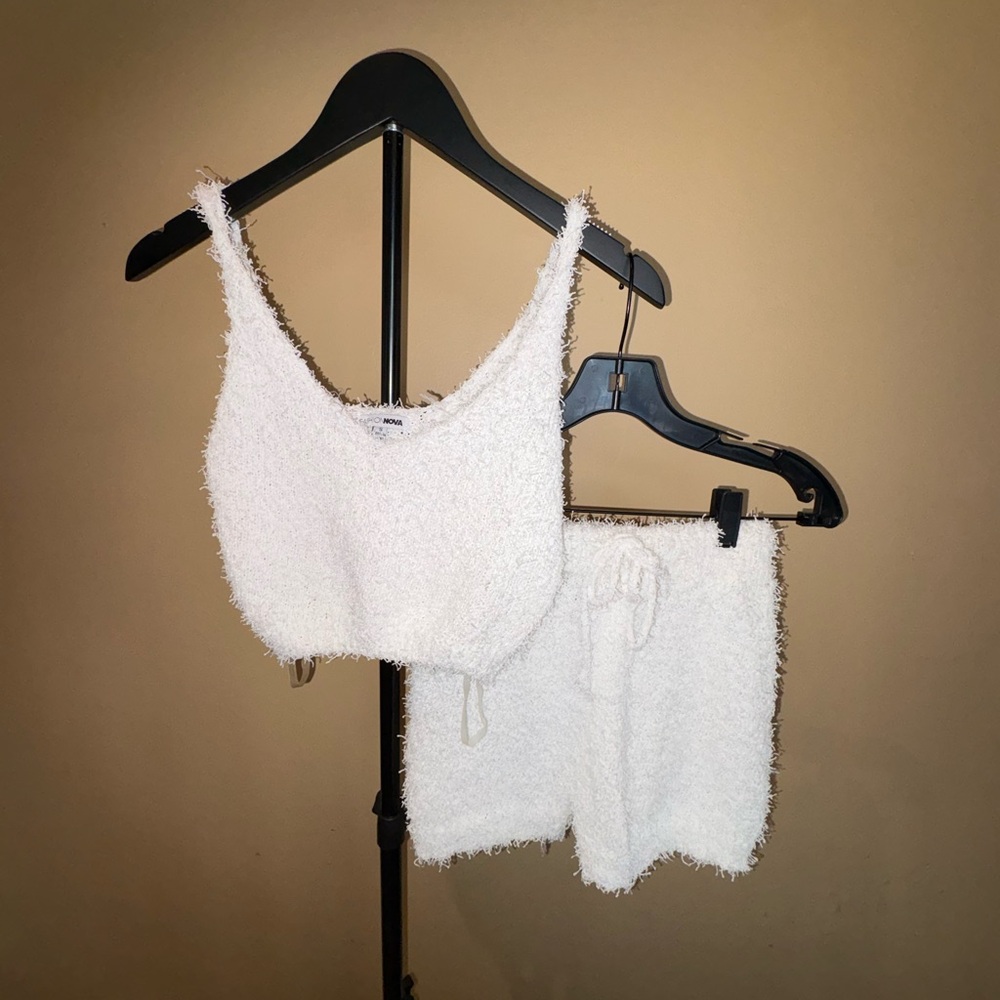 Fashion Nova White Fuzzy Cropped Tank and Shorts Loungewear Set